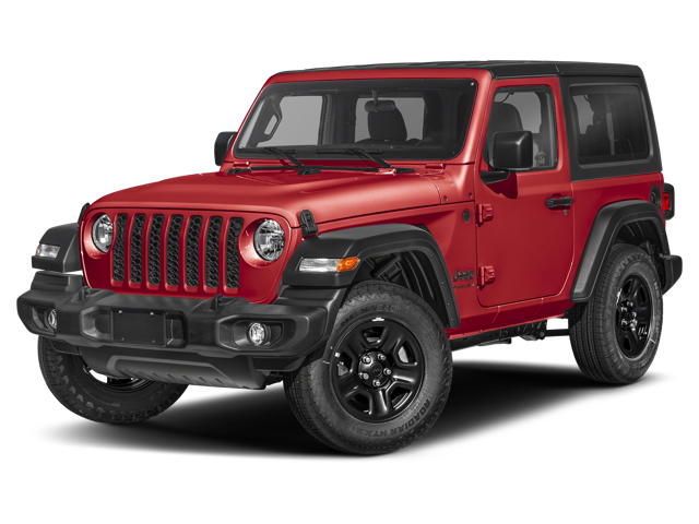 A red Jeep Wrangler Rubicon