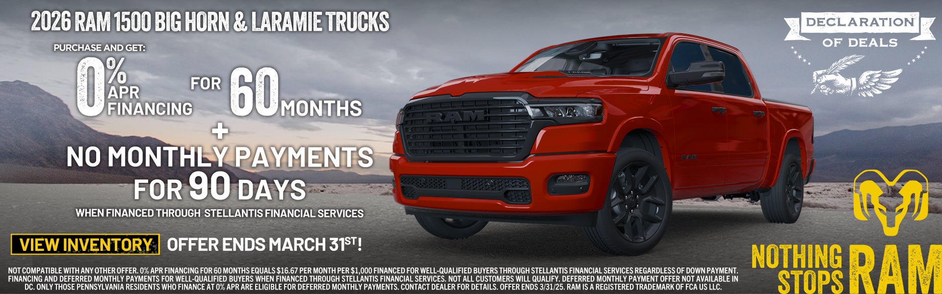 2026 RAM 1500 0%APR for 60mo. no payments for 90 days