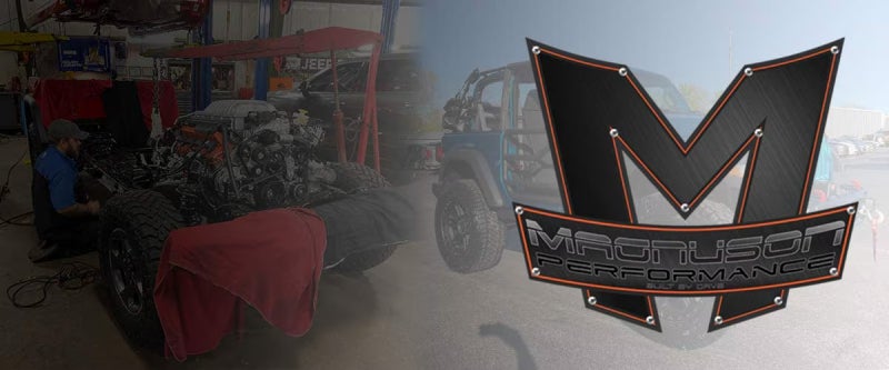 Mechanic working on a jeep engine with the Magnuson Performance logo overlayed on the right.