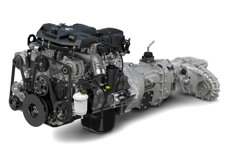 A Cummins diesel engine and transmission assembly shown against a white background